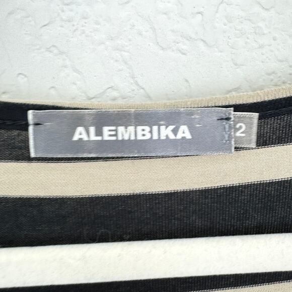 Alembika Womens Tunic Top Size M Lagenlook Striped Flowy Long Black Tan - Picture 2 of 9